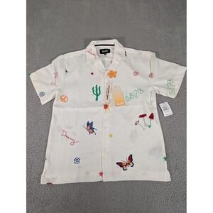 Malibu Shirt‎ Mens Small Ecru Lightweight Textured Linen Look Butterfly Mushroom